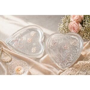 Vtg Frosted Glass Heart Shaped Serving Tray Floral Bow Design 12" Romantic Decor